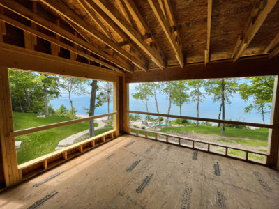 An interior shot of a home mid-construction demonstrates the wide-open views that are possible with LVLs