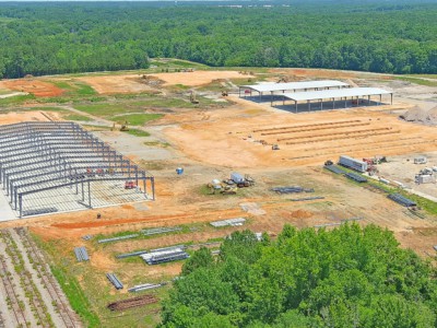Aerial view showing that construction is underway at the future site of Roanoke Valley Lumber