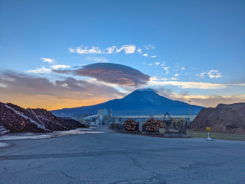 Early-morning view of our plant in Weed, California, with Mount Shasta in the background