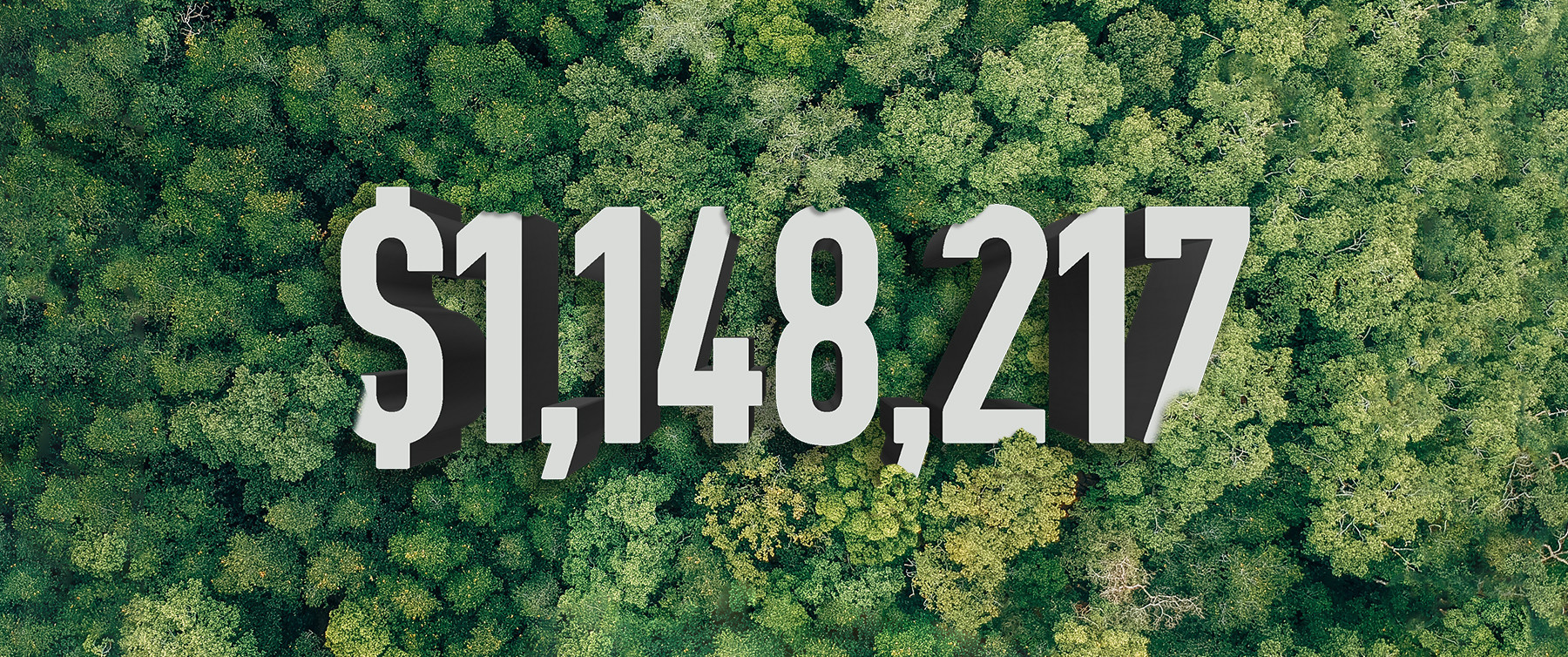 Large, white numbers reading $1,148,217 are photoshopped to look like they're nestled in the canopy of trees