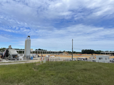 A wide shot of construction progress at the Roanoke Valley Lumber site