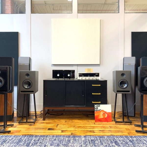 An array of speakers are set up in the Holt Hill showroom