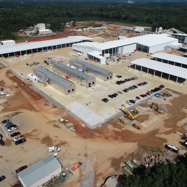 An aerial view of construction progress at Roanoke Valley Lumber