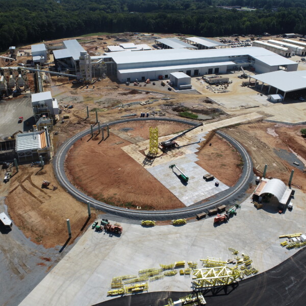 An aerial view of construction progress at Roanoke Valley Lumber