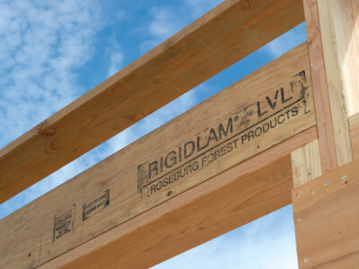 A close-up shot of a RigidLam LVL beam as installed in a residential construction project.